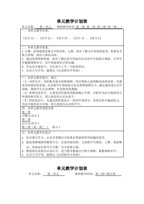 苏教版小学语文二年级上册单元教学计划表