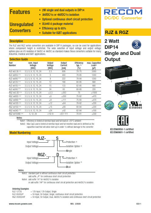 RECOM 电源 DC DC 转换器 ECO-1 说明书