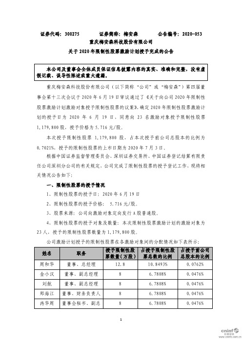 梅安森：关于2020年限制性股票激励计划授予完成的公告