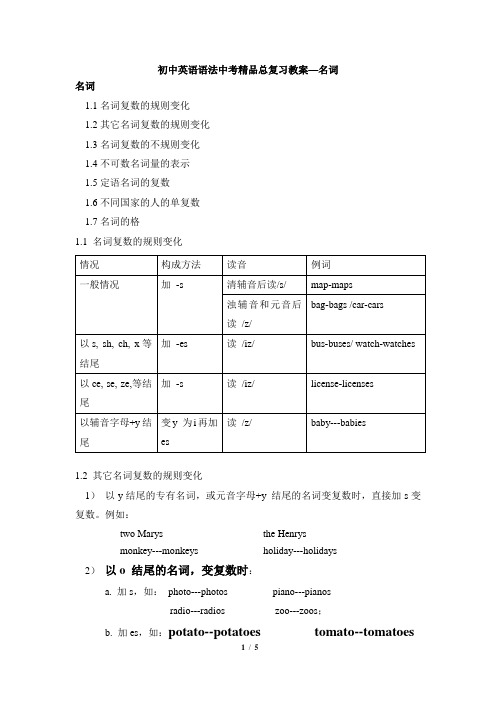 初中英语语法中考精品总复习教案—名词