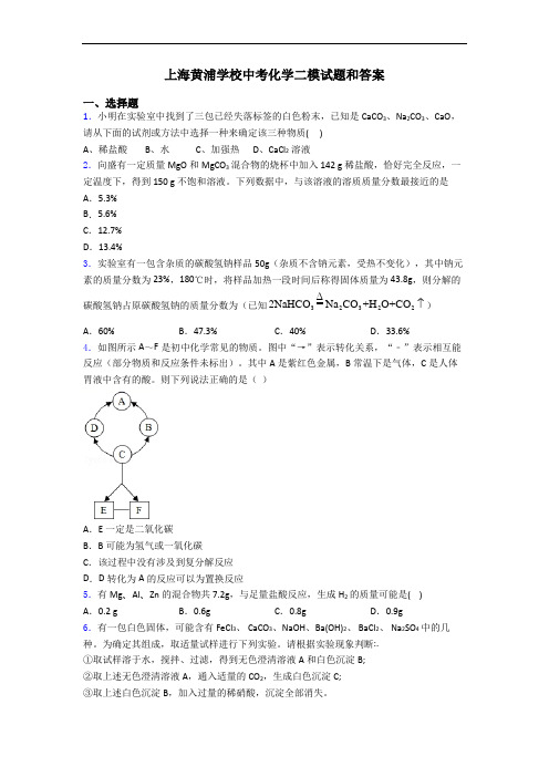 上海黄浦学校中考化学二模试题和答案