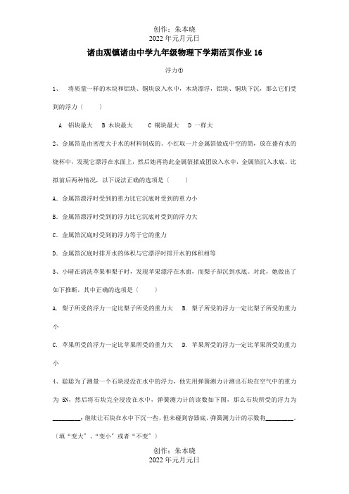 九年级物理下学期活页作业16  试题