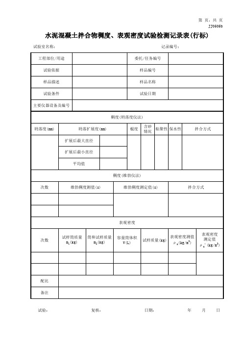 水泥混凝土拌合物稠度、表观密度试验检测记录表(行标)