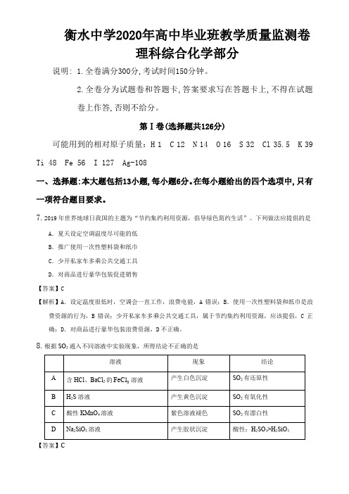 衡水中学2020年高中毕业班教学质量监测卷理科综合化学部分解析版