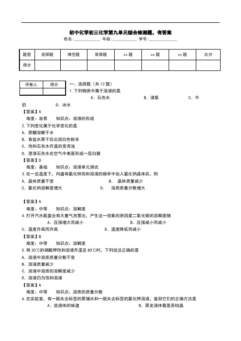 初中化学初三化学第九单元综合检测题,有答案.doc