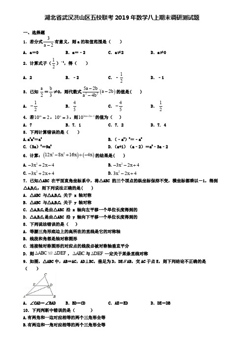 湖北省武汉洪山区五校联考2019年数学八上期末调研测试题