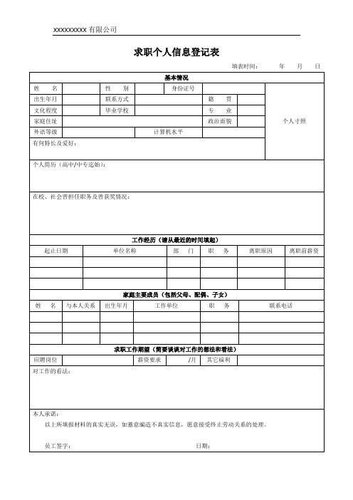 求职面试个人信息登记表(模板)