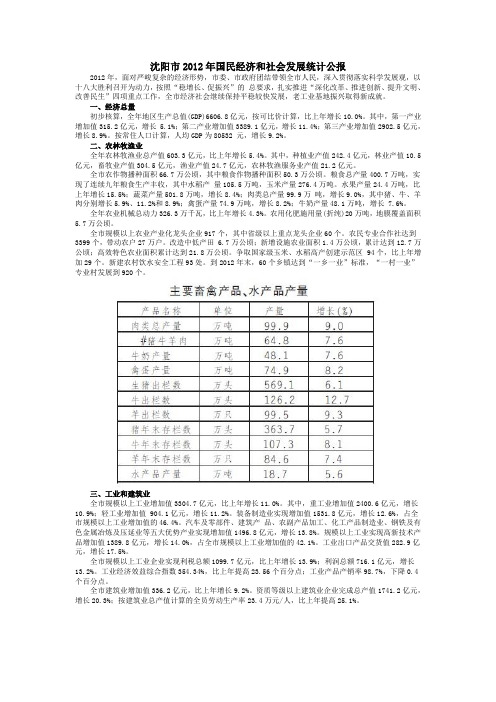 沈阳市2012年国民经济和社会发展统计公报