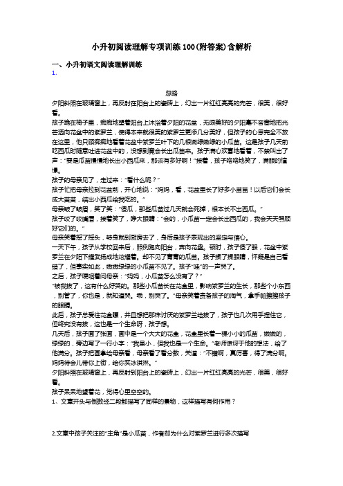 小升初小升初阅读理解专项训练100(附答案)含解析