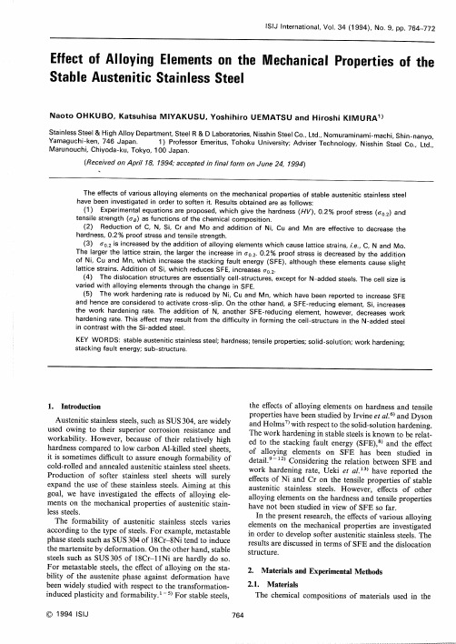 Effect of Alloying Elements on the Mechanical Properties of the Stable Austenitic Stainless Steel