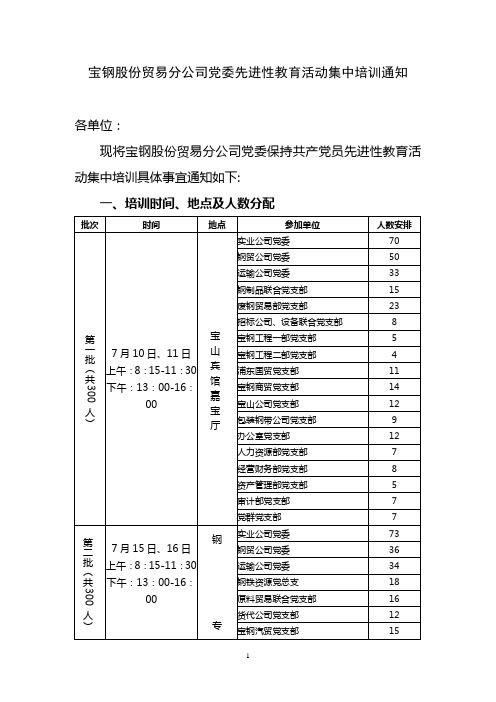 宝钢股份贸易分公司党委先进性教育活动集中培训通知