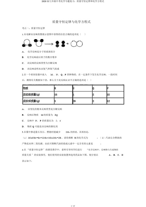 2020届九年级中考化学专题复习：质量守恒定律和化学方程式