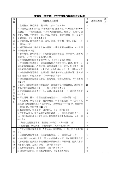 微量泵(注射泵)使用技术操作规程及评分标准