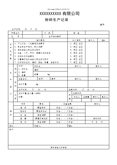 中药饮片——粉碎生产记录