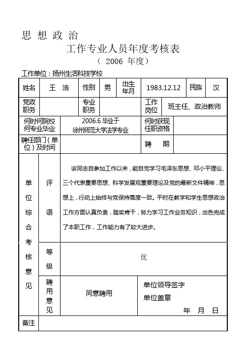 政工专业人员年度考核表(2006年度)