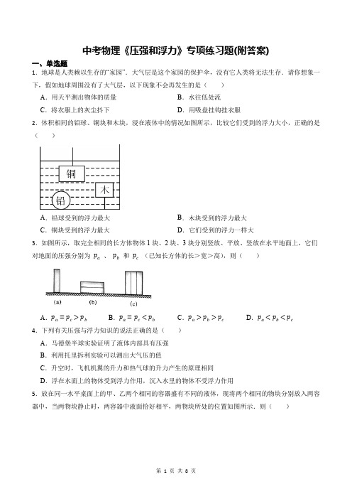 中考物理《压强和浮力》专项练习题(附答案)