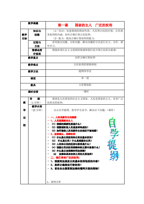 八年级政治下册 第一课 国家的主人 广泛的权利教案 人教新课标版