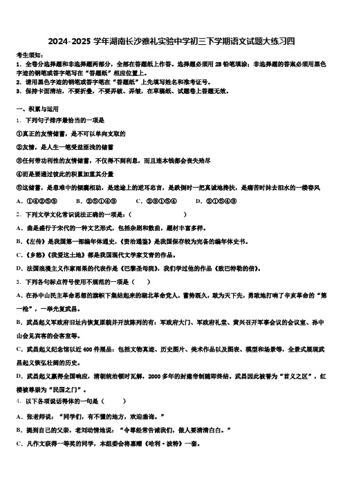 2024-2025学年湖南长沙雅礼实验中学初三下学期语文试题大练习四含解析