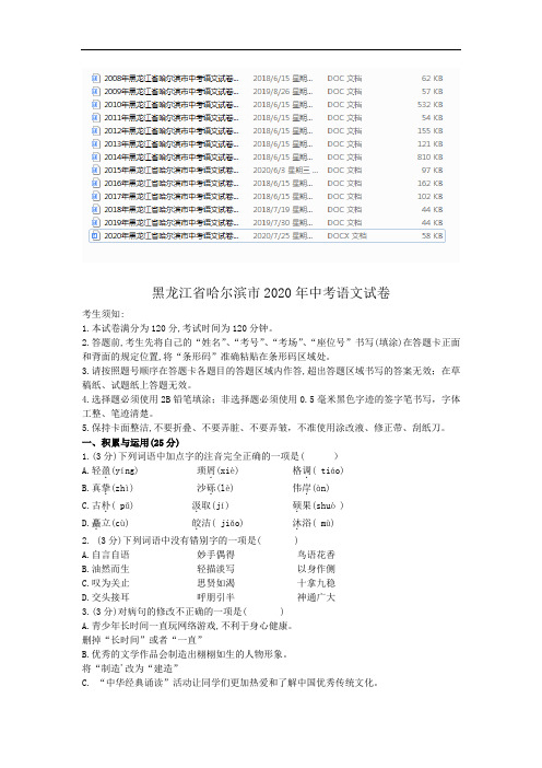 2008-2020年黑龙江省哈尔滨市中考语文试卷及答案