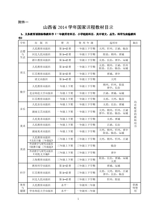 【免费下载】山西省义务教育阶段中小学教学用书目录表