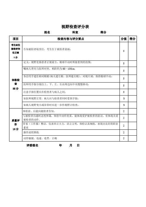 神经系统查体(视野检查)操作考试步骤-评分表格