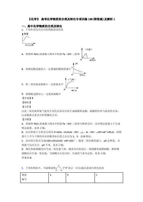 【化学】 高考化学物质的分类及转化专项训练100(附答案)及解析1