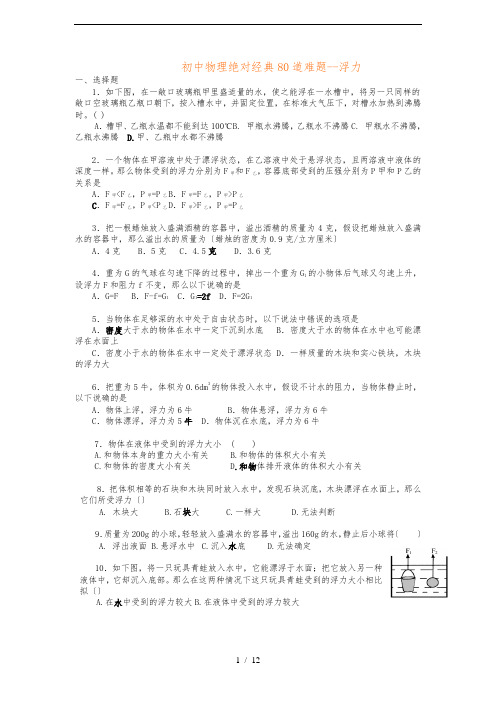 初中物理绝对经典80道难题--浮力