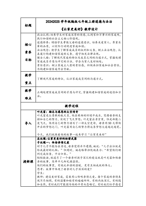 4.2让家更美好教学设计-2024-2025学年道德与法治七年级上册2