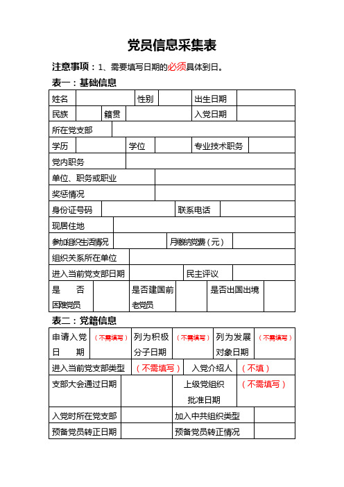 党员信息采集表(表样)及指标说明