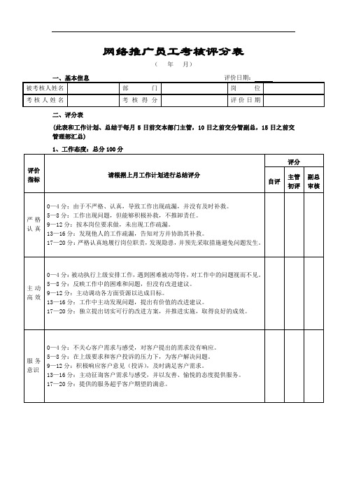 网络推广员工考核评分表