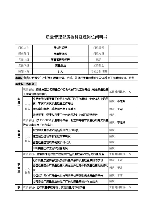 质量管理部质检科经理职位专项说明书