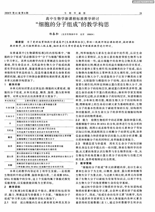 高中生物学新课程标准教学研讨 “细胞的分子组成”的教学构思