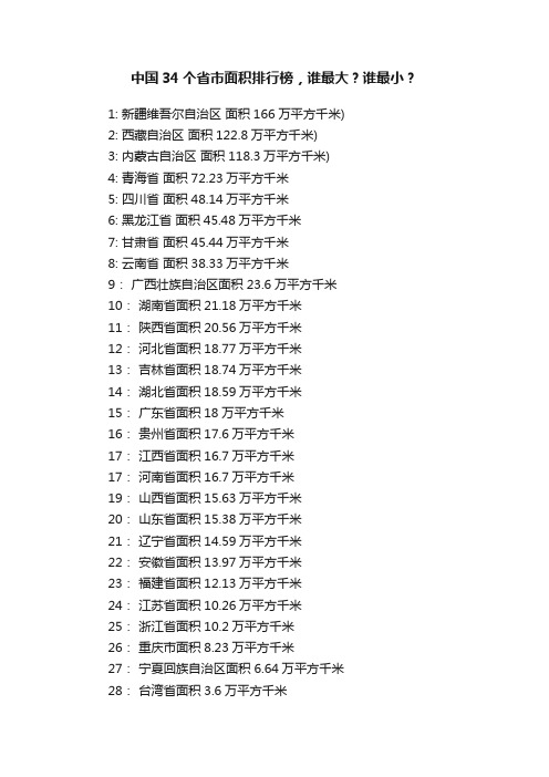 中国34个省市面积排行榜，谁最大？谁最小？