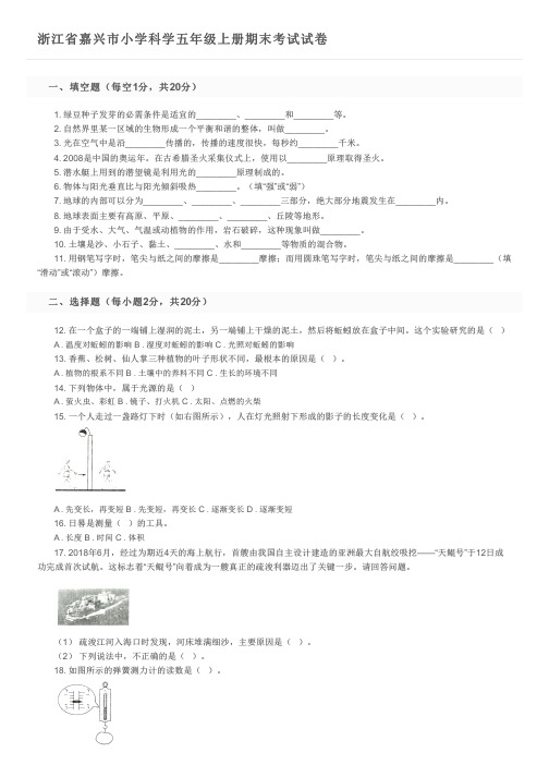 浙江省嘉兴市小学科学五年级上册期末考试试卷及参考答案