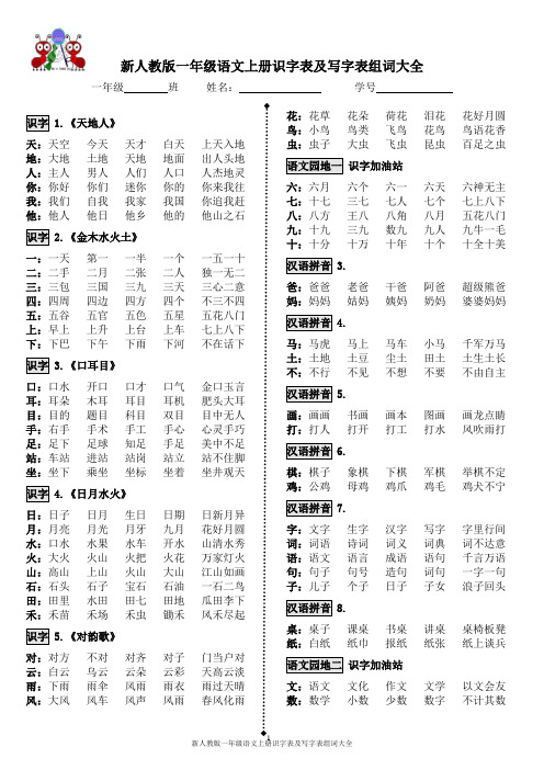 部编本新人教版一年级语文上册识字表及写字表组词大全(精编)