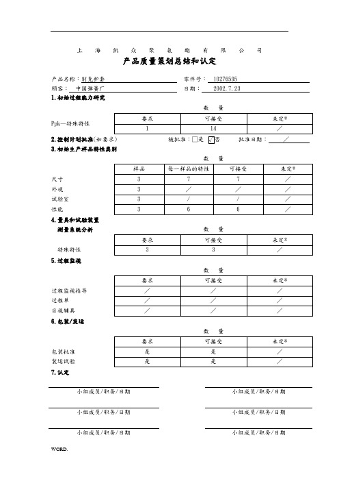 产品质量策划总结和认定