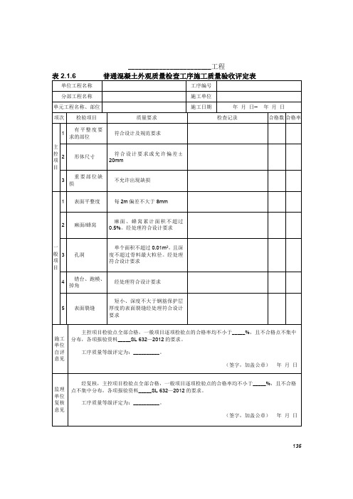 表2.1.6：普通混凝土外观质量检查工序施工质量验收评定表