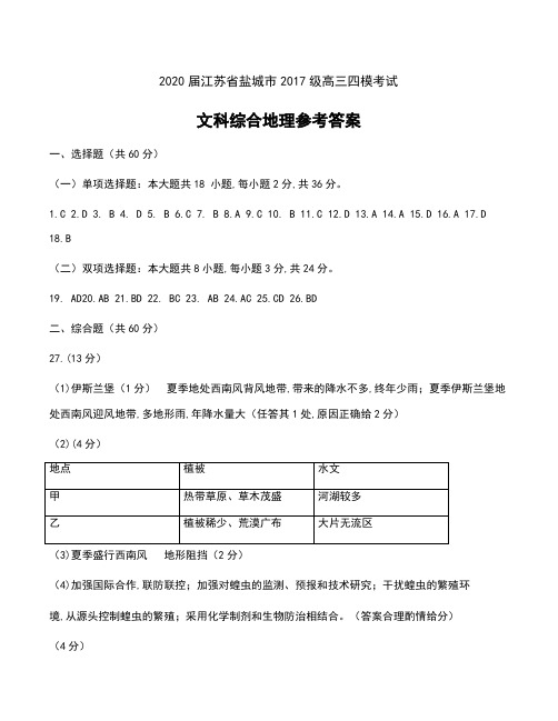 2020届江苏省盐城市2017级高三四模考试文科综合地理试卷参考答案