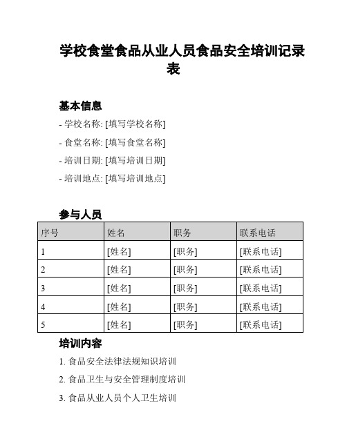 学校食堂食品从业人员食品安全培训记录表