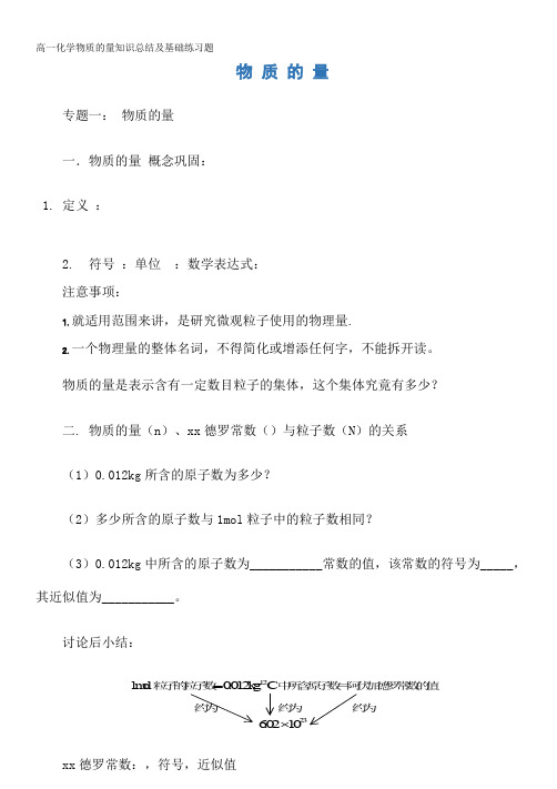 高一化学物质的量知识总结及基础练习题