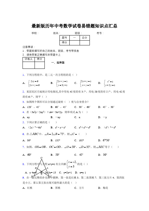 2019最新版历年中考数学试卷易错题知识点汇总209725