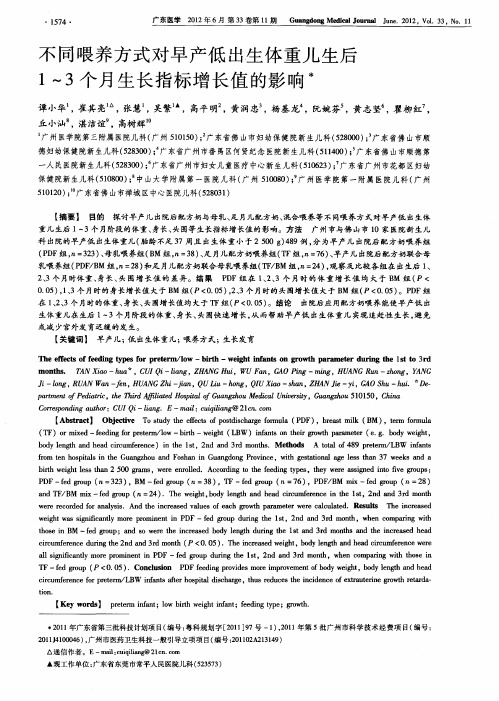 不同喂养方式对早产低出生体重儿生后1-3个月生长指标增长值的影响