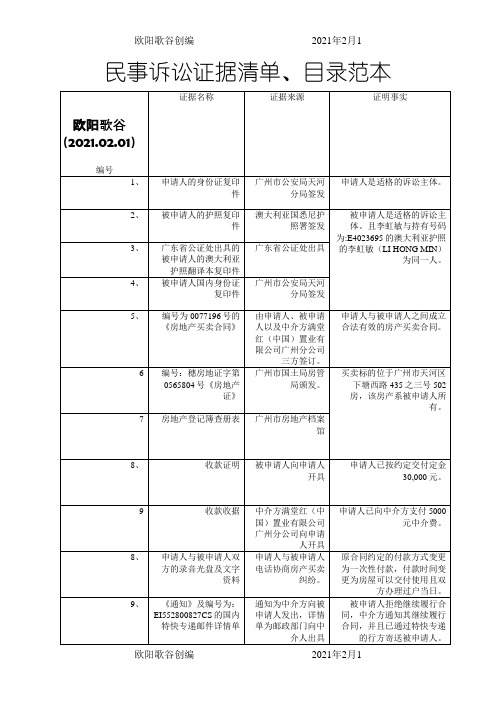 民事诉讼证据清单之欧阳歌谷创作