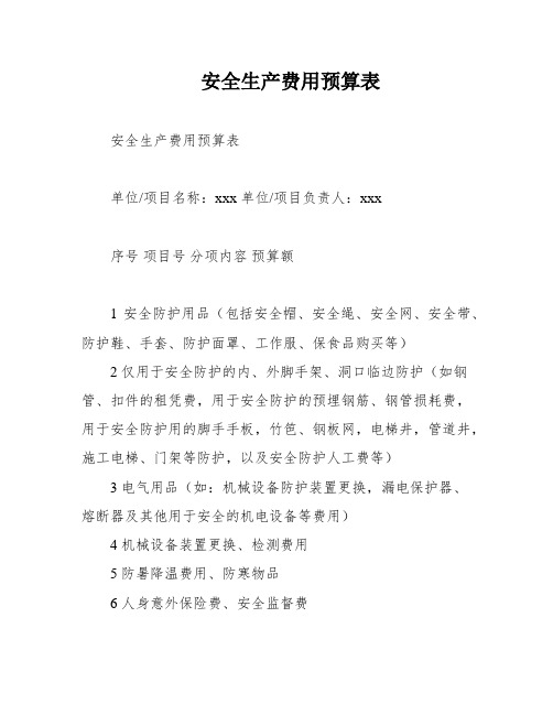 安全生产费用预算表
