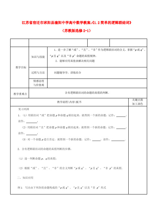 江苏省宿迁市沭阳县潼阳中学高中数学《1.2简单的逻辑联结词》2教案 苏教版选修2-1
