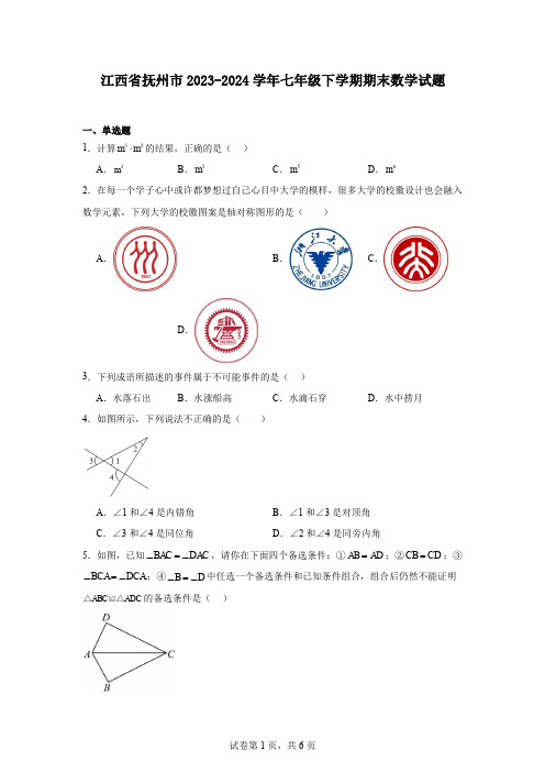 江西省抚州市2023-2024学年七年级下学期期末数学试题