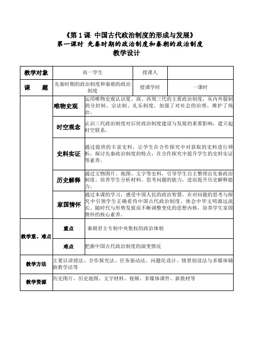 第1课 中国古代政治制度的形成与发展(教学设计)高二上学期 历史统编版(2019)选择性必修1