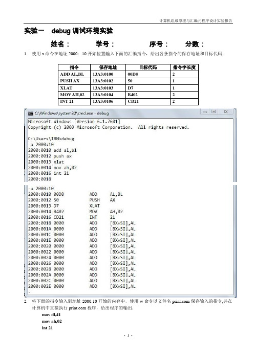 计算机组成原理与汇编语言实验一  debug调试环境实验