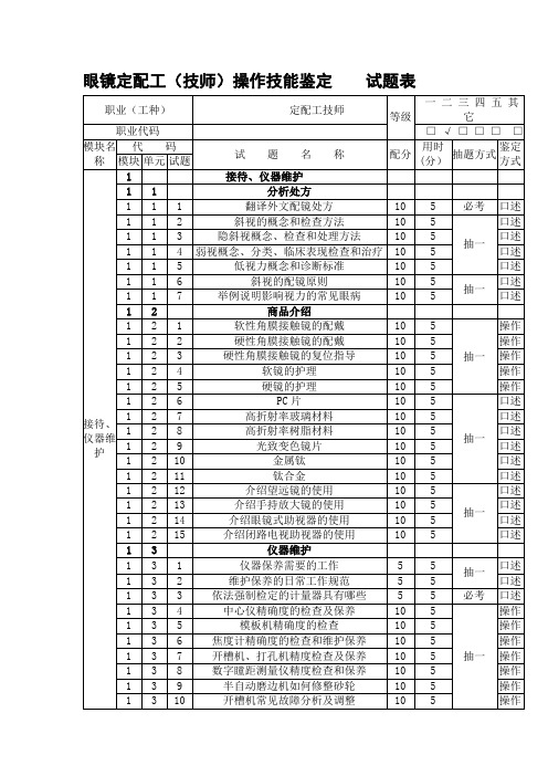 眼镜定配工(技师)操作技能鉴定试题表