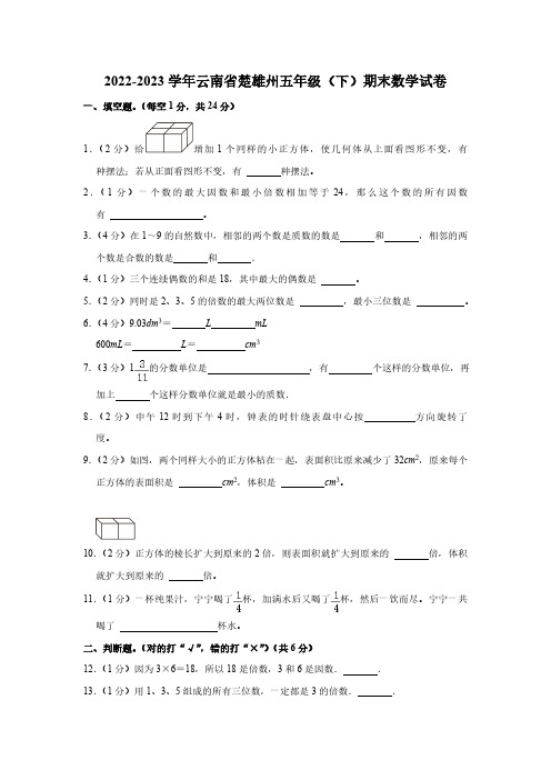 2022-2023学年云南省楚雄州人教版五年级下学期期末数学试卷(含解析)